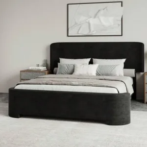 Upholstered Platform Bed Frame With Wingback Headboard, Queen Bed Frame With Curved Headboard And Footboard, Velvet Bed Frame, Easy Assembly, Black/ White, Full/ Queen
