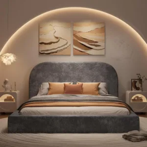 Queen Cloud Bed Frame with Upholstered Curved Headboard, Gray | Anti-Collision Soft Sponge Cushion, Easy Assembly, No Box Spring