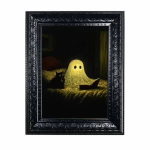 Halloween Wall Art, Framed Canvas Wall Art Gothic Cute Ghost Black Cat Print for Dark Academia Spooky Home Room Decor