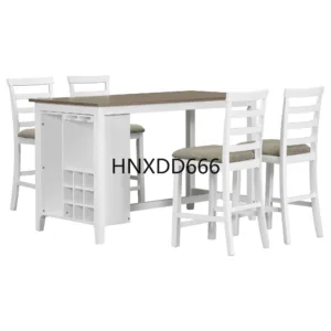 5-Pieces Dining Table Set With 4 Chairs 9 Bar Wine Compartment Wineglass Holders Wooden Rustic Set For Dining Room Kitchen