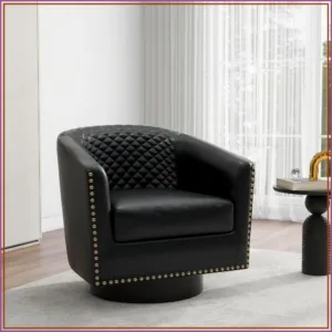 Faux Leather Swivel Accent Chair Barrel Club Armchair Black