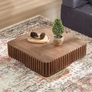Square Wood Coffee Table for Living Room Modern Drum Wooden Fluted Handcraft Center Tea Cocktail Small Space, Easy, Customized