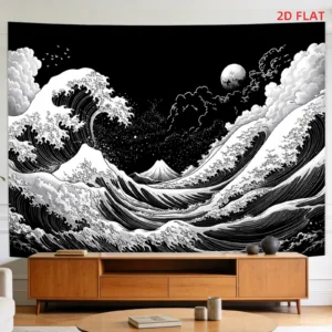 Dramatic Great Wave Japanese Tapestry Wall Hanging Anime Art Black and White Ocean Decor Ukiyo Style Living Room Home Decor