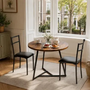 3 Piece Dining Table Set, Round Kitchen Table and 2 Upholstered Chairs | Two Person Kitchen Dinner Small Space Saving, for Small Space, Studio Flat, Apartment, Home Office, Rustic Brown Finish