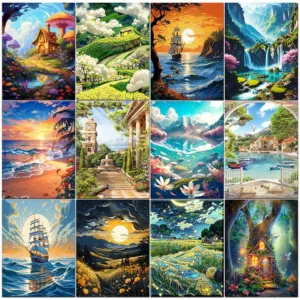 PhotoCustom Painting By Numbers On Canvas Seascape For Adult Kits Diy Paint With Numbers River Landscape Handmade Diy Gift 40x50