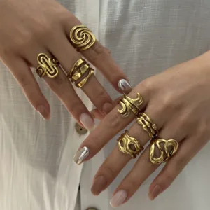 Stainless Steel Vintage Irregular Geometric Open Rings For Women Gold Plated Chunky Finger Ring Party Aesthetic Jewelry Gifts