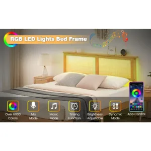 Bedroom Furniture Hot Sale Solid Wood Frame LED Lit Headboard Beautiful Simple Designs Queen Size Modern Wooden Beds for home 800Lbs Heavy Duty