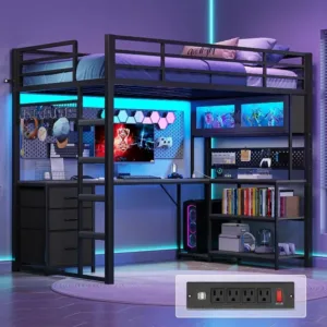 ADORNEVE Twin Size Loft Bed with L-Shaped Gaming Desk, Storage Drawers & Hutch, Expanded Safety Power Outlet, Metal Loft
