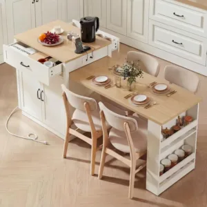 82.7" Kitchen Island Extendable Dining Table 4-6 Person Double Storage Power Outlet 2 Open Shelves, Customized
