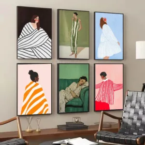 Minimalist Women Colorful Striped Girl Sleeping Portrait Illustration Poster Modern Canvas Painting Wall Art for Room Home Decor