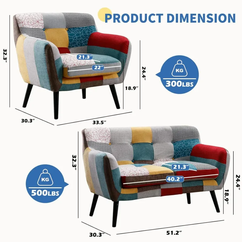 Colorful 2 Piece Fabric Sofa Set Loveseat & Accent Chair Linen Patchwork Rubberwood Legs Removable Living Room, Customized
