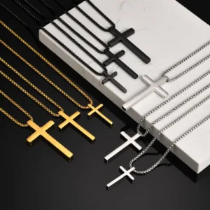 Vnox 60cm Box Chain Cross Pendant Necklaces for Men, Simple Plain Black Silver Gold Color Stainless Steel Thick Cross Collars