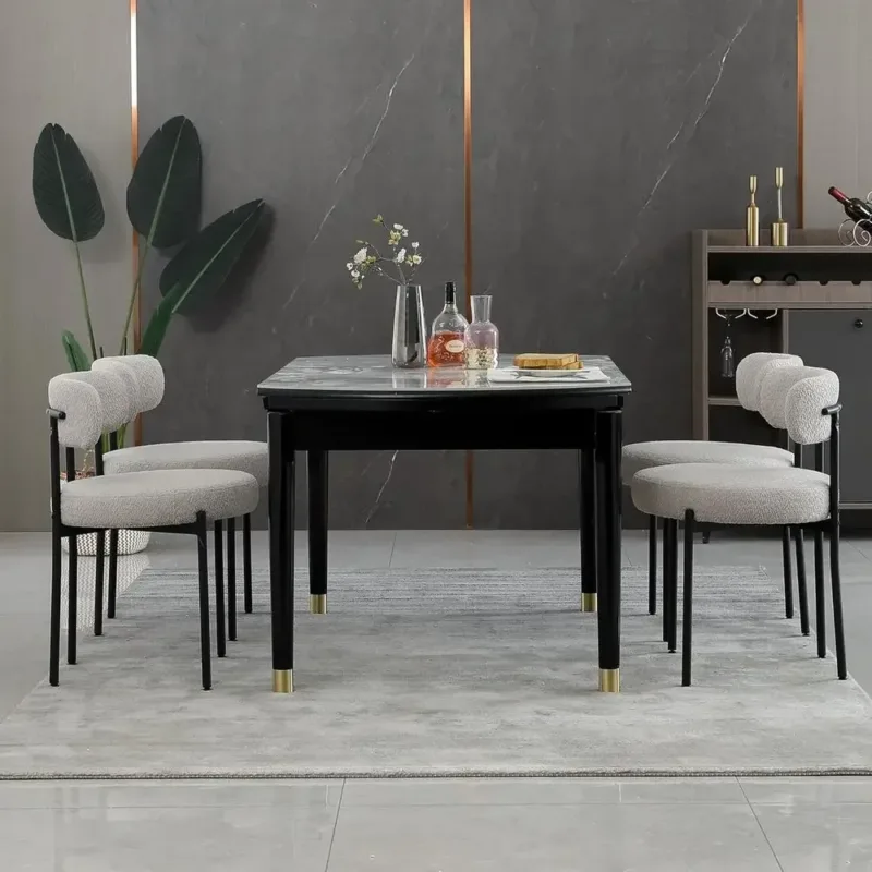 Set of 4 Modern Light Grey Upholstered Dining Chairs with Curved Backrest and Black Metal Legs