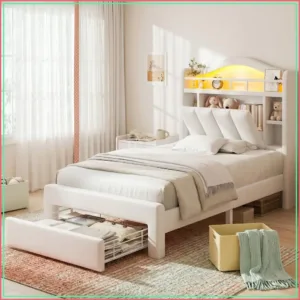LED Bed Frame with Storage Headboard & 2 Drawers for Kids, Twin Size, Beige