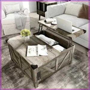 Farmhouse Lift Top Coffee Table with Storage, Wood Square Center Table with USB Port, Grey