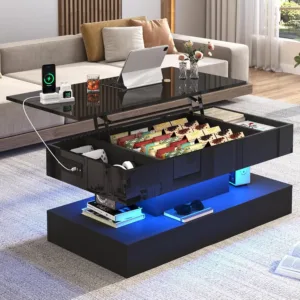39.4" Lift Top Coffee Table Modern High Gloss LED Storage Black for Living Room Dining Bedroom Office APP Control, Custom