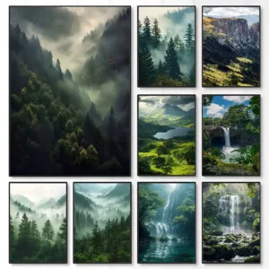 Nature Misty Forest Waterfall Scenery Poster Sticky Wall Art Printing Waterproof Home Living Room Bar hallway Aesthetic Decor