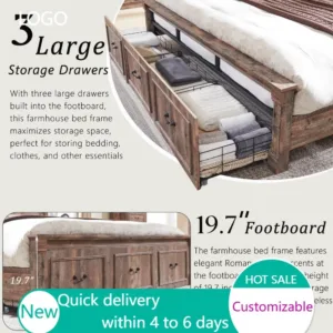 Farmhouse King Bed Frame 51" Tall Headboard, 3 Drawers, No Box Spring Needed