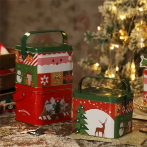 Large Capacity Christmas Tin Gift Box Metal Candy Box Square Candy Storage Containers for Holiday Xmas Supplies Happy New Year