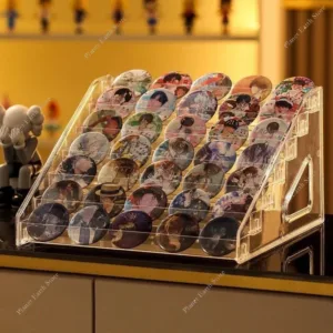 Acrylic Badge Storage Box Display Rack Stepped Display Desktop Storage Organizer for 75MM Badges Standing Signs and Peripherals