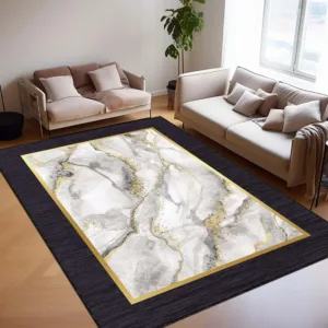 Luxury Marble Design Area Rug with Gold Accents Modern Abstract Carpet for Living Room Elegant Floor Mat, Stylish Home Decor Rug
