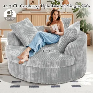 59" Oversized Corduroy Round Chaise Lounge Chair, Plush Design & Throw Pillows, No Assembly for Indoor Use, Custom