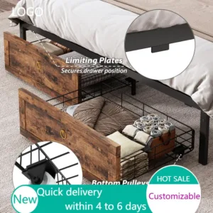 King Bed Frame with Storage, LED Lights, Charging Station, 4 Drawers, No Box Spring Needed, Rustic Brown