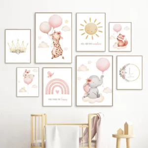 Blush Pink Nursery Wall Art Baby Girl Watercolor Canvas Prints Cute Animal Balloon Posters Pictures for Baby Room Playroom Decor