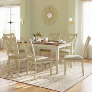7-Piece Farmhouse Kitchen Table and Chairs Set for 6, Rustic Cream, Customized