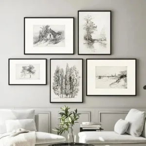 Rustic Farmhouse Wall Art Neutral Canvas Prints of Vintage Plants Rural Landscapes for Home Decor