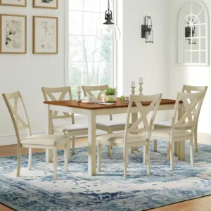 7-Piece Farmhouse Solid Wood Dining Table Set for 6, Rustic Cream | 60" Solid Wood Table, 6 Upholstered Chairs,, Custom