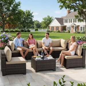 7 Pieces Outdoor Patio Furniture Sets,Rattan Conversation Sectional Set,Manual Weaving Wicker Patio Sofa with Tea, Customized