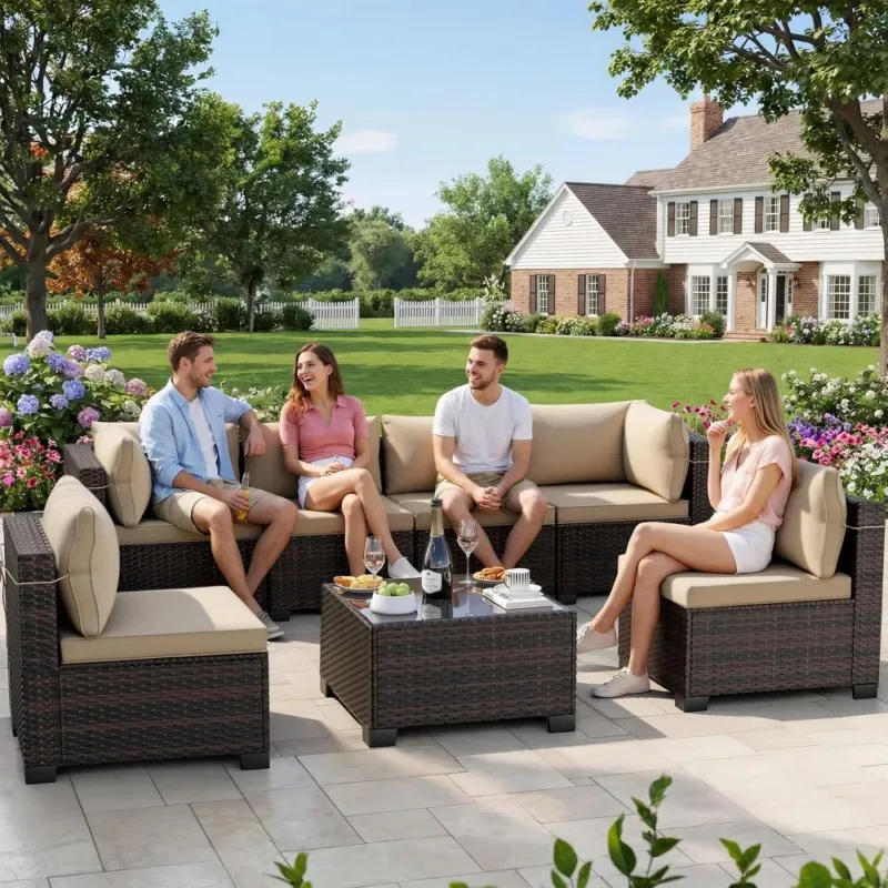 7 Pieces Outdoor Patio Furniture Sets,Rattan Conversation Sectional Set,Manual Weaving Wicker Patio Sofa with Tea, Customized