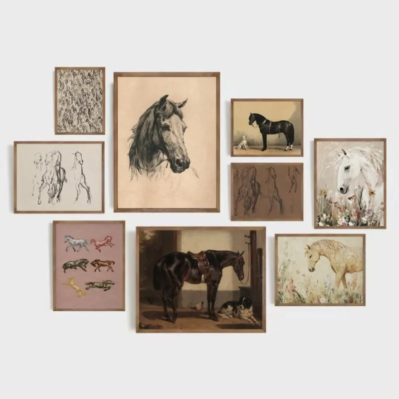 Vintage Wild Horses Sketch Minimalist Equestrian Drawing Aesthetic Poster Canvas Painting Wall Pictures Home Farmhouse Decor