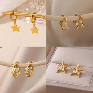 Stainless Steel Star Hoop Earrings For Women Men Gold Color Star Earrings Wedding Ear Buckle Jewelry Christmas Gift aretes