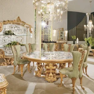 French Classical Furniture Luxury Baroque Wooden Round Dining Table Set 8 Seats Antique Restaurant Furniture SetY