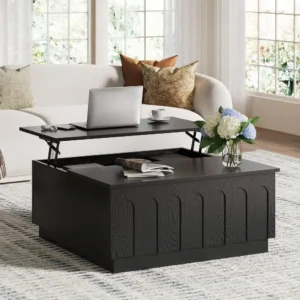 Lift Top Coffee Table with Storage, Modern Coffee Table with Arched Design, 31.5" Square Tea Table with Wood Grain, Minimalist M