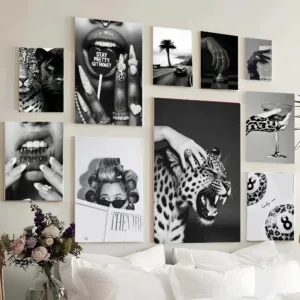 Fashion Woman Luxury Car Martini Leopard Poster Print Retro Aesthetic Chic Black and White Canvas Painting Trendy Home Decor