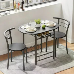 3 Piece Wood Round Table & Chair Set For Dining Room Kitchen Bar Breakfast, With Wine Storage Rack, Space Saving