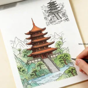A Step-by-step Coloring Book for Landscape Architecture, A Line Drawing Brochure for Ancient Architecture Style with 24 Patterns