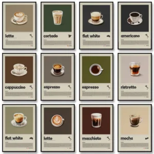 Minimalist Coffee Art Poster, Flat White,Macchiato,Latte,American Coffee Canvas Painting, Cafe Illustration,Dining Room Decor