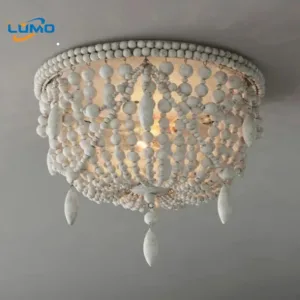 Bohemian White Wood Bead Rotundity Ceiling Lights LED E27 Retro Atmosphere Hanging Lamps Living Room Restaurant Kitchen Bedroom