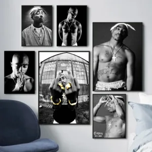 Black and White Rapper Tupac Canvas Posters Prints 2PAC Singer Mural Canvas Wall Art Painting for Living Room Home Decor