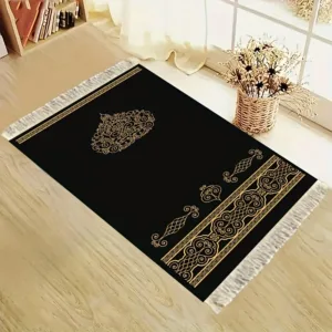 VIKAMA Black Gold Scroll Luxury Line Prayer Rug Minimalist Worship Mat White Tassel Islamic Prayer Carpet for Home Bedroom