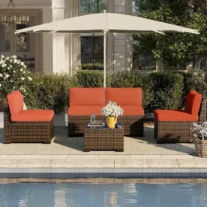 5-Piece Outdoor Sectional Sofa Set with Cushions and Glass Coffee Table, Orange PE Wicker Rattan