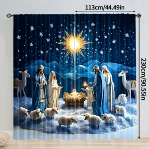 2pcs Christmas Nativity Scene Window Curtains, Religious Jesus Birth Star Print Drapes for Living Room Bedroom, Home Decor