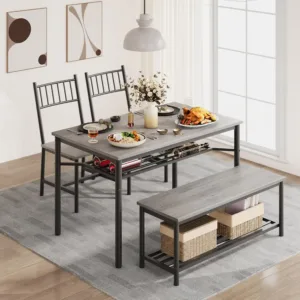 4-Piece Dining Table Set for 4 – Includes Bench & Chairs, Built-in Storage, Space-Saving Design for Apartments and Dining Rooms, Gray