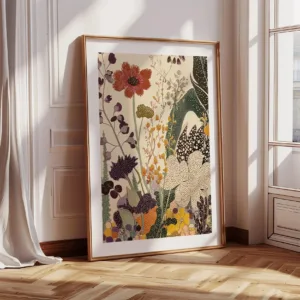 Japanese Inspired Poster Botanical Wall Decor Art with Abstract Garden Motif in Warm Earthy Tones, Modern Nature-Inspired Print