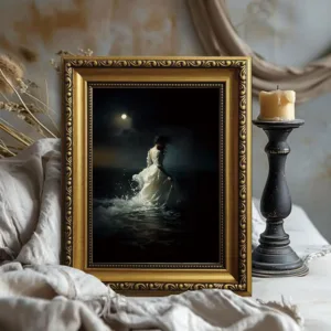 Framed Canvas Wall Art Gothic Romantic Woman In Sea Under Moon Vintage Dark Oil Painting for Bedroom Living Room Home Decor