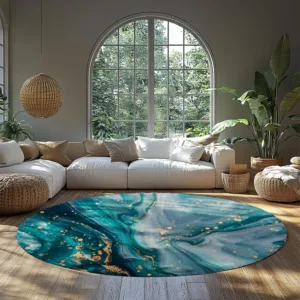 Teal Gold Marble Effect Round Rug Luxury Abstract Design for Elegant Interior